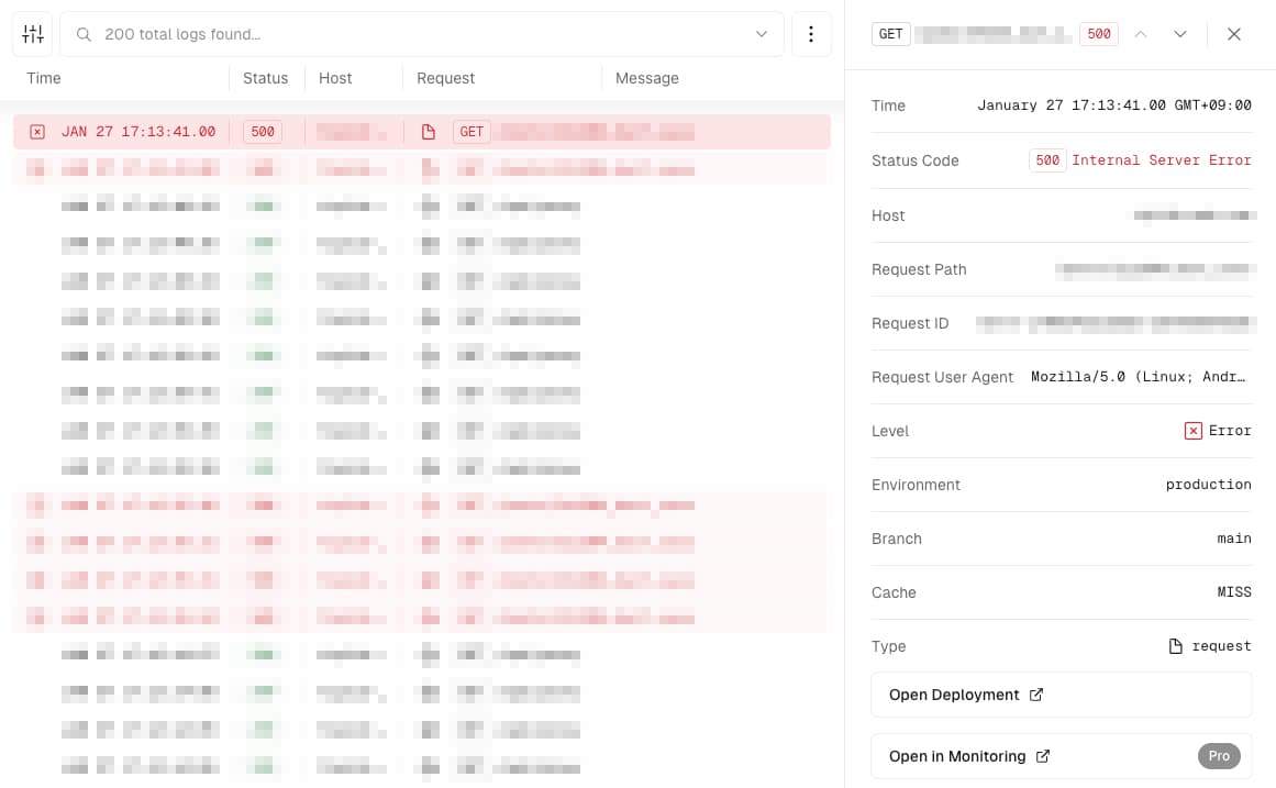 VercelのLogsで500エラーが出ている