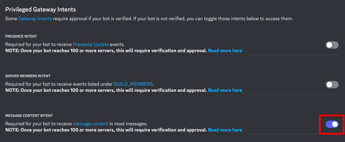 BotのPrivileged Gateway Intents設定画面