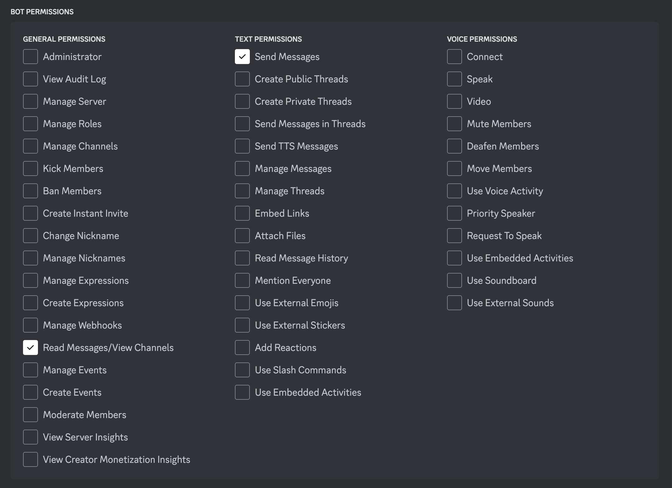DiscordのBOT PERMISSIONS画面