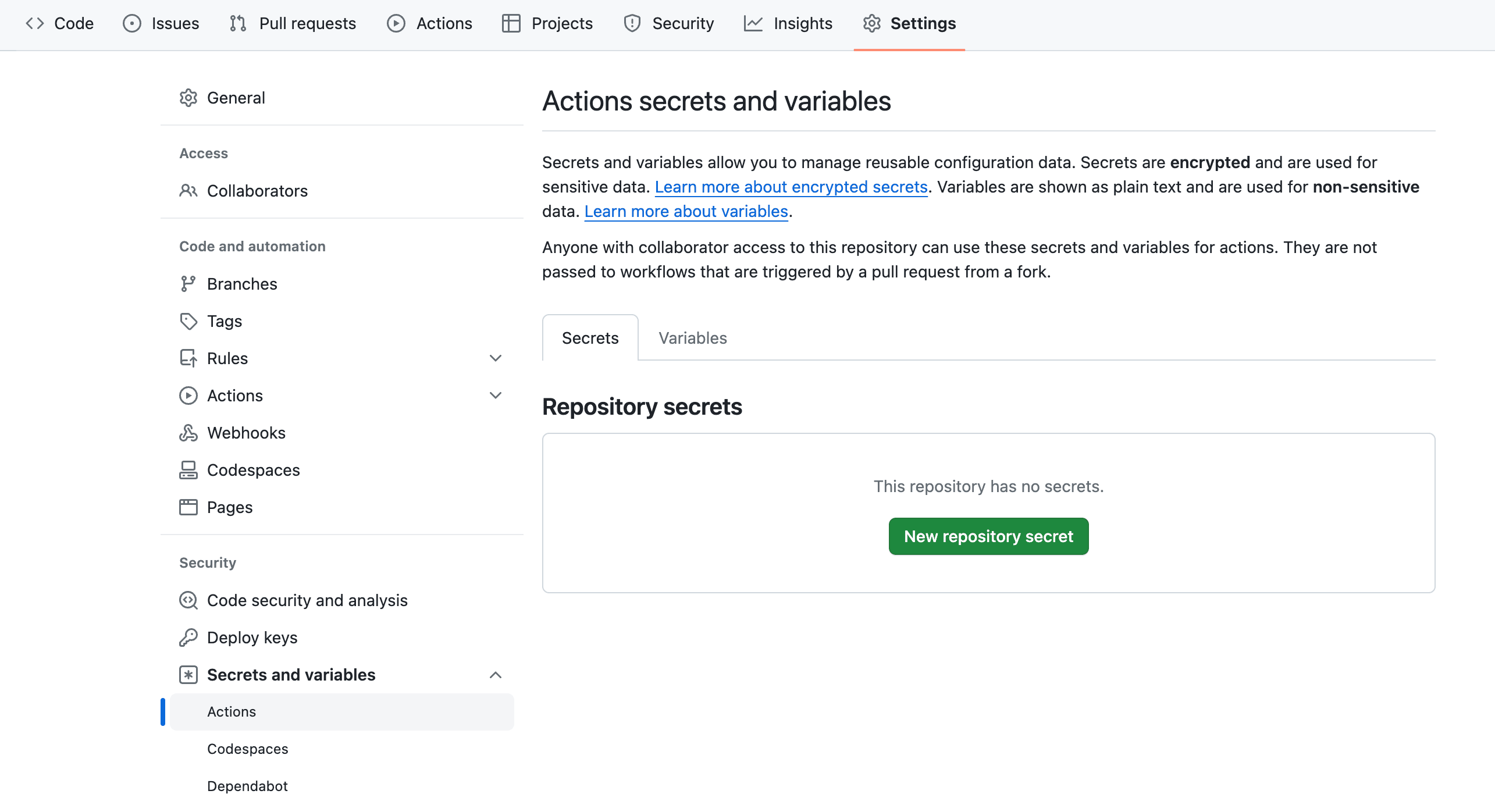 GitHubのSecrets設定画面