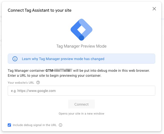 Google Tag Assistantのポップアップ画面