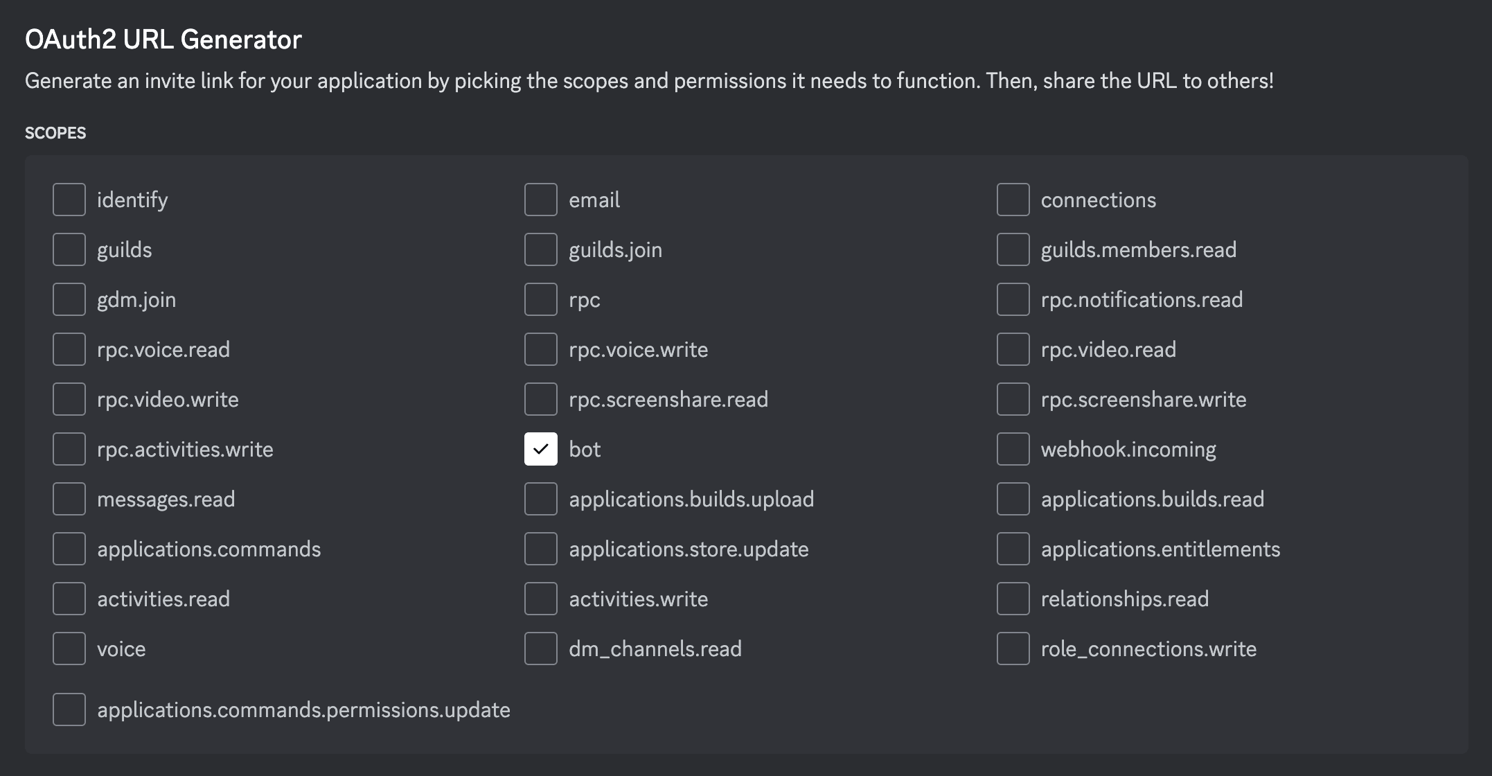 DiscordのOAuth2 URL Generator画面